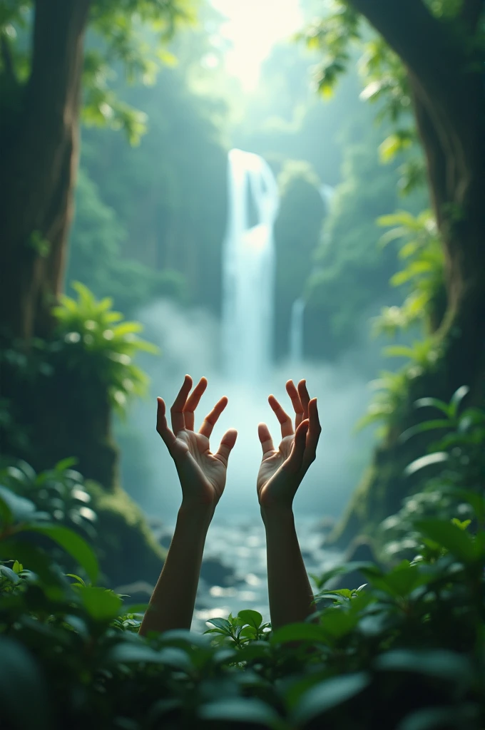 (Masterpiece, Best Quality, High Quality, Highres:1.4), Detailed, Extremely Detailed, Ambient Soft Lighting, 4K,Blurry, Blurry Background, Depth of Field, Bokeh, DOF, Fog, Bloom, Outdoors, (Nature, tropical forest:1.2), (Rocks:1.2), Two hand, Mountais, Plants, waterfall,