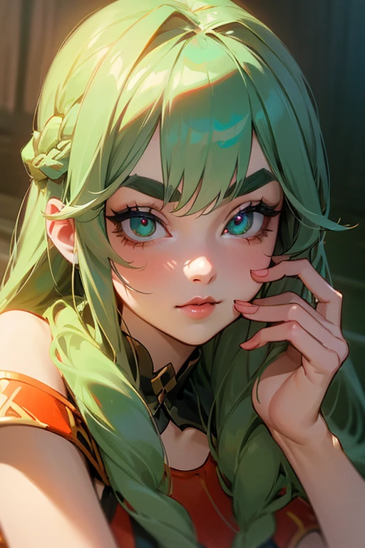 (highest quality, masterpiece:1.2), High resolution, Very detailed, Realistic:1.37, Fantasy, An illustration, Green Eyes、Queen, Red and green swimsuit、Platinum decoration、beautifully、Eyeshadow Red、Thick eyebrows、Long eyelashes、pupils are black、Her hair is dark green、Gold crown、Kissing Face、Embarrassing、Beloved by the crowd、Hair is green、Braiding、hair ornaments、Laugh gently、Close one eye、Wink、Wink、From the waist up、bikini、