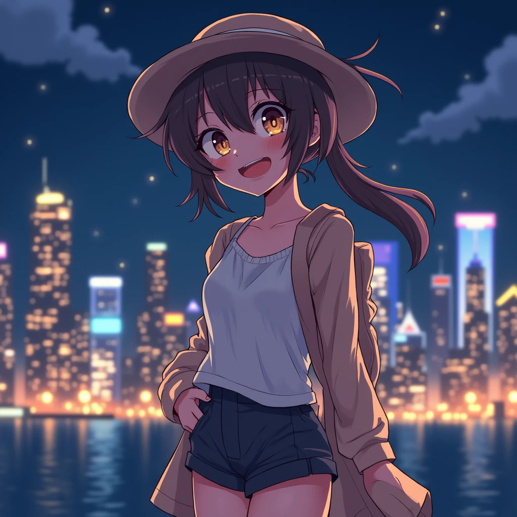 you would generate me an image of a smiling anime girl with metropolis background at night summer clothing