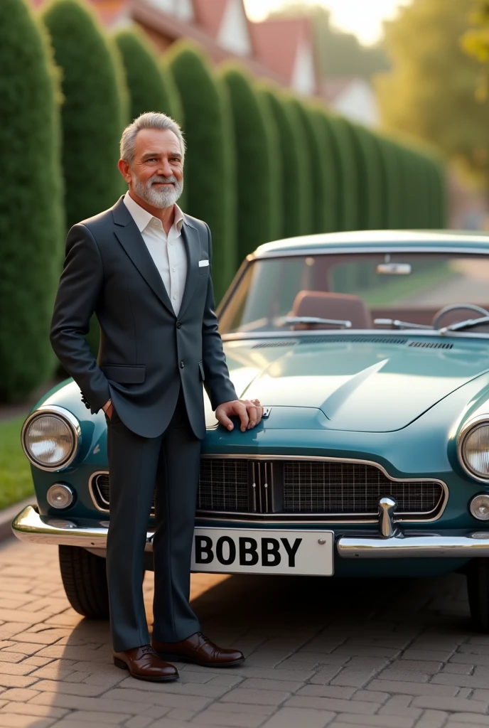 Create a 3D image of a handsome  uncle standing next to a car"BOBBY" should be written on the number plate of the vehicle