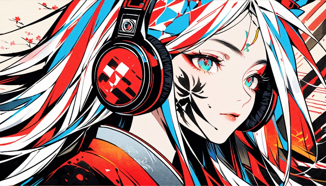 (((Ink Painting))), ((Japanese style headphones)), (((Japanese pattern tattoo on face))), electric bass, Magnificent hair ornament, Japanese, vividcolor, face close up