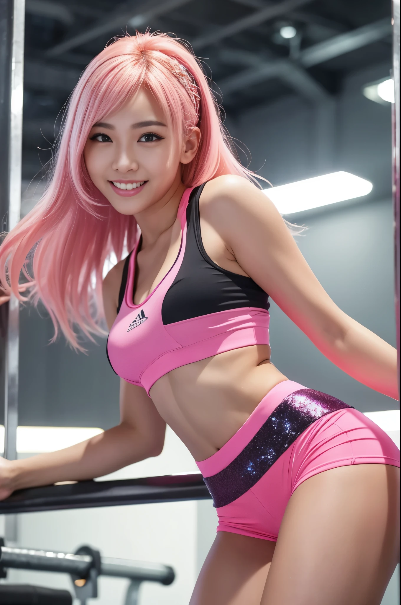 Tall sporty Indonesian model、bright smile、、、whole body、very long sparkling stylish hair、、、dramatic pose、Good style、、、、、、、、fluorescent pink and yellow sparkling glowing tight shorts costume、strapless top、、Pink Blonde Hair、、、cyber belt、large sparkling shiny very detailed training gym background