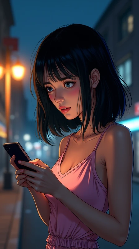 20th Generation、Cute Dress、Close-up of a mobile phone screen、Operating a mobile phone、Eyes on mobile、Anxious face、Black Hair、Hair is shoulder length、Midnight、Street lamp light、American comic style、American comic styleを忘れないで
