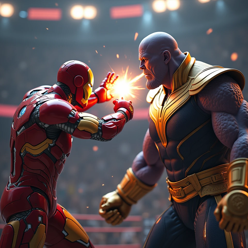 iron vs thanos in avengers war, picture of iron on the left in the ring punching thanos in the face, giving a light beam signal when his ear touches thanos' face, in the ring, boxing ring, many people chant, characteristics thanos style, thanos,infinity stone, from avengers: endgame (2019), 4k wallpaper, epic video game art, medium close-up (mcu), by Mario Dubsky, by Gavin Nolan, wearing armor thanos, intricate battle pose, 8k