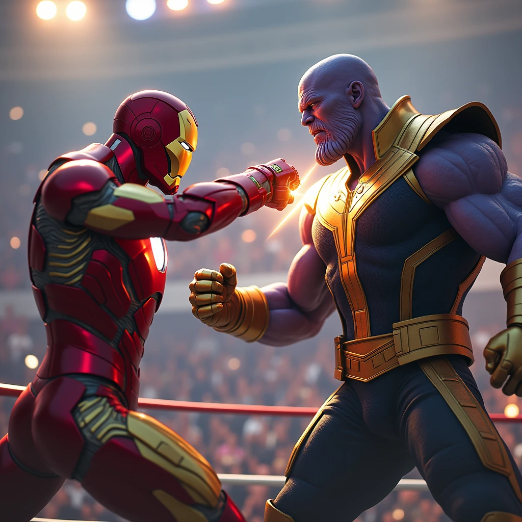 iron vs thanos in avengers war, picture of iron on the left in the ring punching thanos in the face, giving a light beam signal when his ear touches thanos' face, in the ring, boxing ring, many people chant, characteristics thanos style, thanos,infinity stone, from avengers: endgame (2019), 4k wallpaper, epic video game art, medium close-up (mcu), by Mario Dubsky, by Gavin Nolan, wearing armor thanos, intricate battle pose, 8k