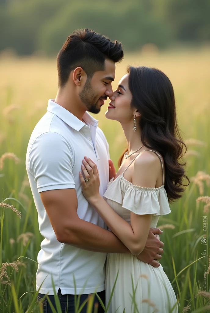 Real Pinay pinoy couple with man handsome polo shirt white and women beautiful dress standing nature grass