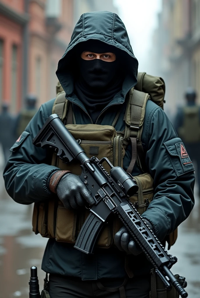 A tactical Russian soldier who wear tactical jacket and mask and hold a gun