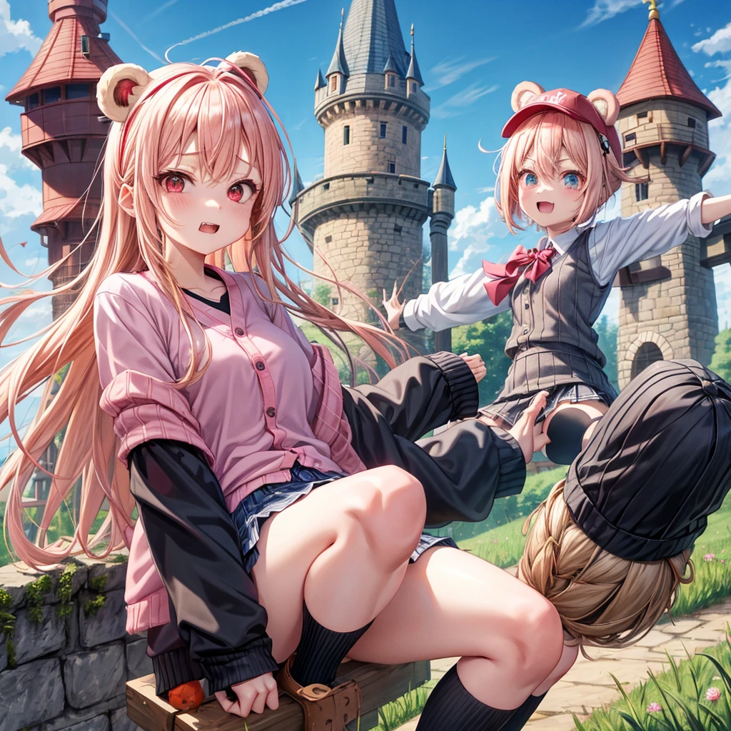 Pink Blonde、Red eyes、Hair tied up、Two cute、Checked mini skirt、black t-shirts、cardigan、Knee-high socks、bear ears baseball cap、Teeth are visible、Monster Castle、Tilting face、crossing the bridge、hazakura、windmill、grass、Stones are growing out of the ground.、impregnable