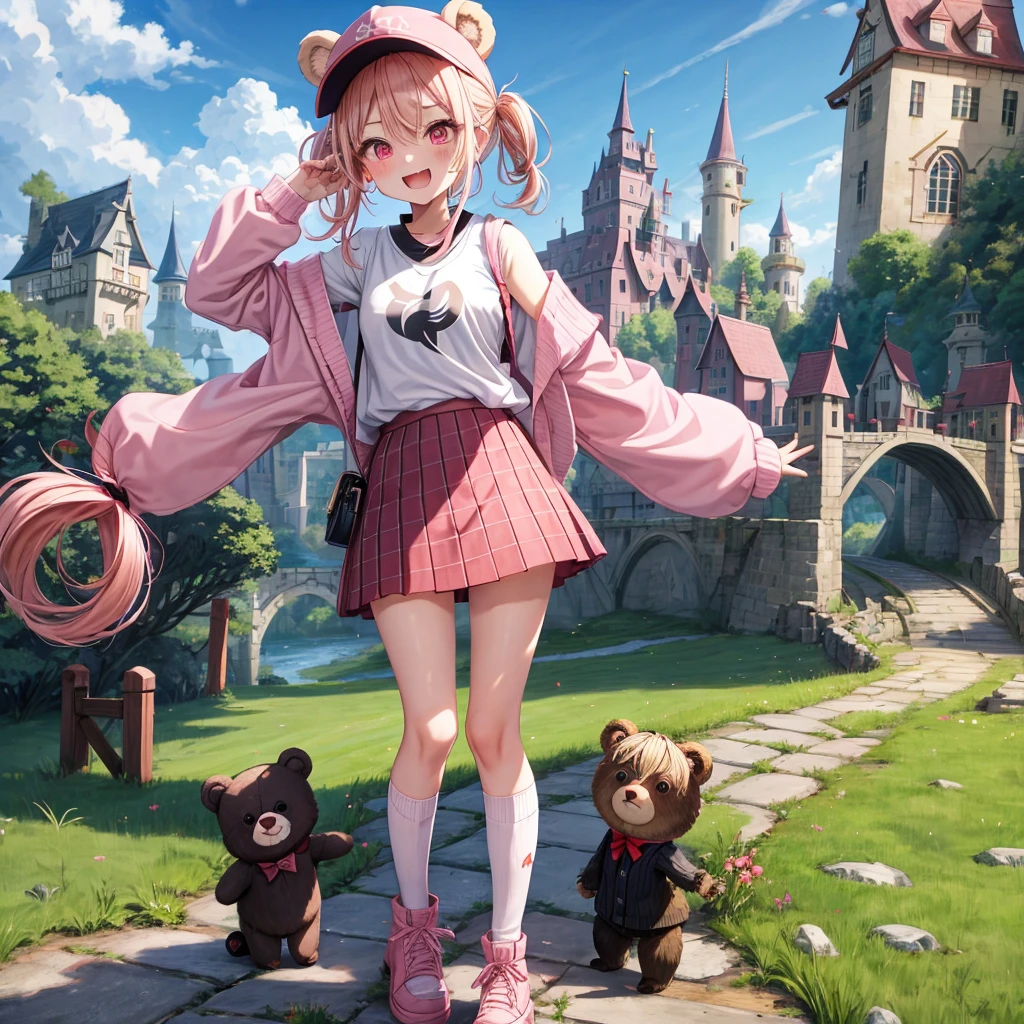 Pink Blonde、Red eyes、Hair tied up、Two cute、Checked mini skirt、black t-shirts、cardigan、Knee-high socks、bear ears baseball cap、Teeth are visible、Monster Castle、Tilting face、crossing the bridge、hazakura、windmill、grass、Stones are growing out of the ground.、impregnable