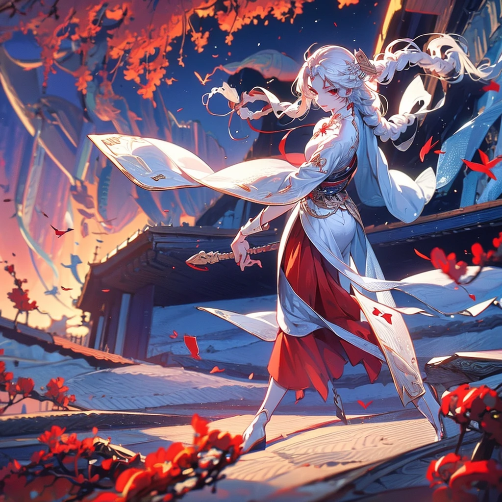 (1 woman), slim but curved body, (white long hair), (red Eye's), cold beauty, wearing Chinese crown,  wearing Chinese outfit, ((high quality)), ((4k)), flying above a Sword