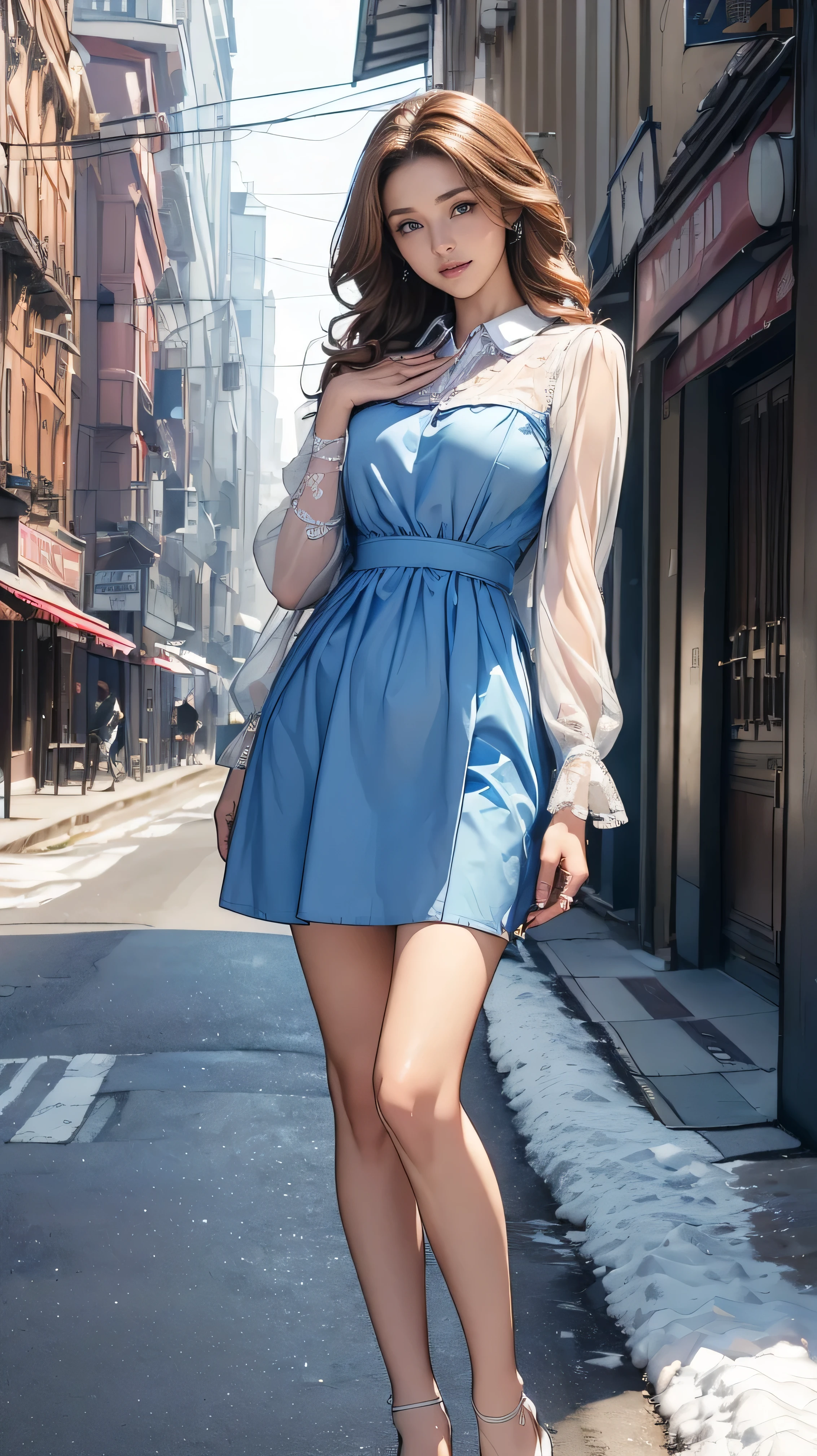 ((Highest quality,4K,High resolution,masterpiece:1.2)),((Character Concept Art)), 1 female, 20-year-old women, ((Shoulder-length brown hair、Hair curled loosely inwards)), (Skin as white as snow), Very detailed eyes (Brown Eye Color), have confidence, beautiful, slim body build, Big Breasts、((Intricate details)), Very finely crafted needles, Very finely crafted fingers(((10 fingers))), ((Mini bottan up blue dress_long sleeves_white collared brouse_white collared cuff:1.3)), (Full-body showcase), (Show whole body),A shy smile、In the hustle and bustle of the city、((Standing with grace、Hands on her west:1.5))