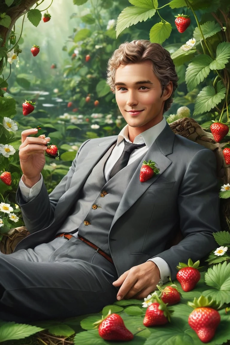 "The leader lounging in a whimsical garden with strawberries magically floating around him, as if he’s in a fairytale, blissfully enjoying his favorite fruit with a satisfied smile."