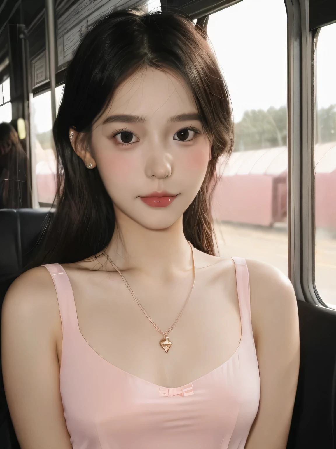 masterpiece, best quality, 1 Girl , pink camisole, Upper Body, Necklace, Glowing skin,blush, cleveage, Small Breasts, On the bus, Brown hair, Double tail, mole, (transparent),
 