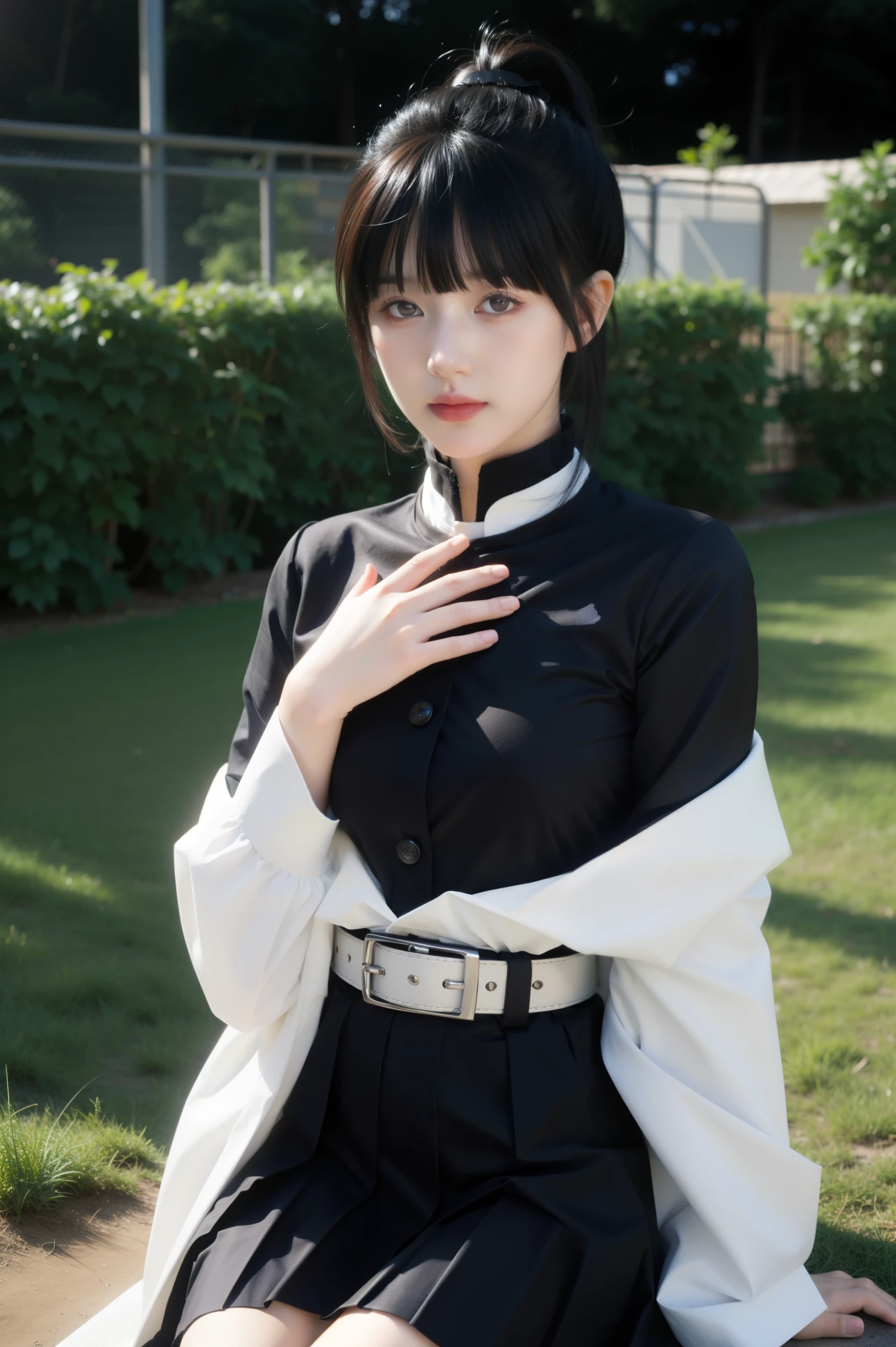 best quality, tmasterpiece, Ultra-high resolution, Clear face, (Reality: 1.4), perfect lighting,(photorealistic: 1.50), anime wallpaper, Guviz style artwork , fantasy cover up to magic , by Yang J, Guviz, beautiful artwork illustration, beautiful digital artwork, beautiful digital illustration, Li Song, beautiful anime portrait, art style at Beauvot, 1girl, solo, purple eyes, black hair, long hair, blunt bangs, bangs, hair ornaments, insects, butterflies, side ponytails, butterfly hair ornaments,
skirt, long sleeve, jacket, black jacket, pleated skirt, belt, black skirt, knee, buckle, sheathed, belt buckle, white belt, cape, white robe, demon slayer uniform, kimetsu no yaiba,
upper body, looking at the viewer, sitting, outdoors, forest, field, night, night sky, starry sky,