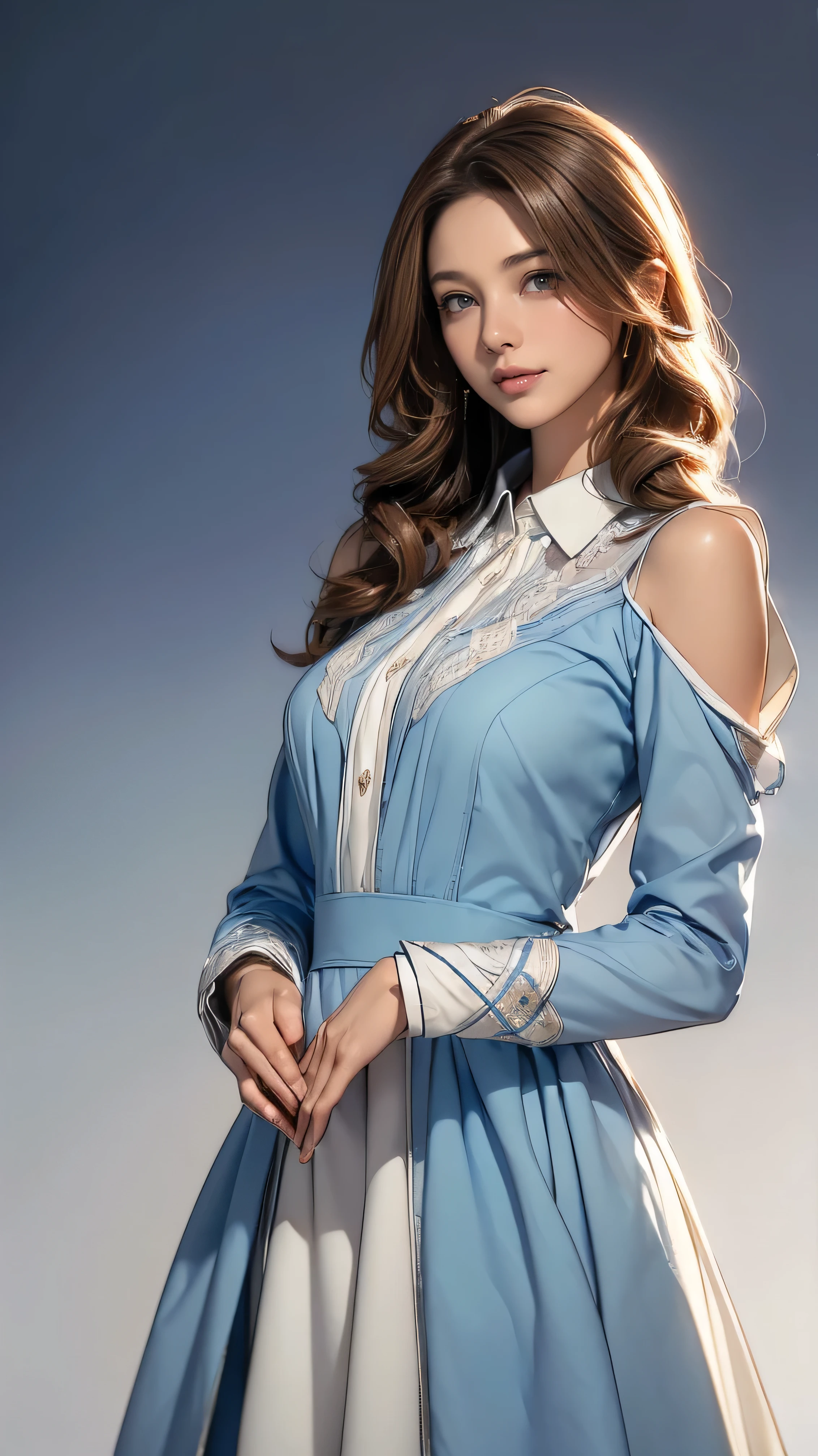 ((Highest quality,4K,High resolution,masterpiece:1.2)),((Character Concept Art)), 1 female, 20-year-old women, ((Shoulder-length brown hair、Hair curled loosely inwards)), (Skin as white as snow), Very detailed eyes (Brown Eye Color), have confidence, beautiful, slim body build, Big Breasts、((Intricate details)), Very finely crafted needles, Very finely crafted fingers(((10 fingers))), ((Mini bottan up blue dress_long sleeves_white collared brouse_white collared cuff:1.3)), (Full-body showcase), (Show whole body),A shy smile、In the hustle and bustle of the city、((Standing with grace、Hands on her west:1.5))