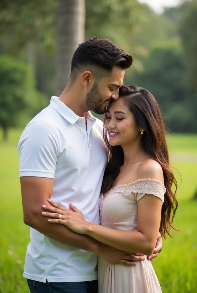 Real Pinay pinoy couple with man handsome   polo shirt white and women beautiful dress standing nature grass  front of camera 