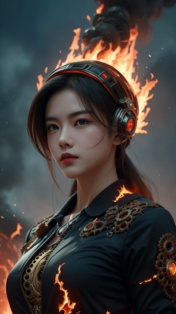 Fubuki 's face, half-human and half-machine, adorned with intricate gears and wires, her eyes glowing with a fiery intensity. She hovers above a bustling city, her body engulfed in flames, a symbol of power and destruction.