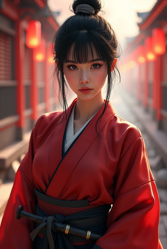 Samurai girl, short black hair tied back, wearing Japanese kimono and hakama, two Japanese swords across her waist, ((masterpiece, highest quality, Highest image quality, High resolution, photorealistic, Raw photo, 8K)), ((Extremely detailed CG unified 8k wallpaper)), (huge stunning goddess shot, very hot and sexy, jaw-dropping beauty, perfect proportions, beautiful body, slim body beauty:1.4),