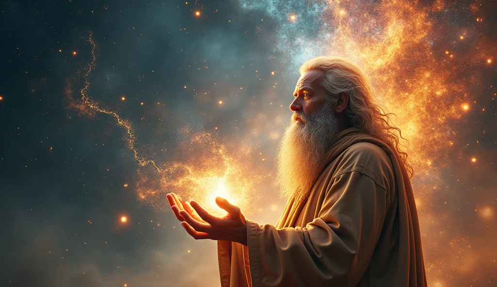 Generate an ultra-realistic image of a wise modern-age man with a long beard controlling his inner energy. The man is positioned on the right side of the image, surrounded by mystical glowing light and cosmic patterns, similar to a powerful aura. Energy radiates from his hands and mind, connecting to the universe with vibrant streaks of light, stars, and galaxies. The scene blends spirituality with modernity, creating a harmonious visual of deep meditation and cosmic connection, image should be in 19:10 format