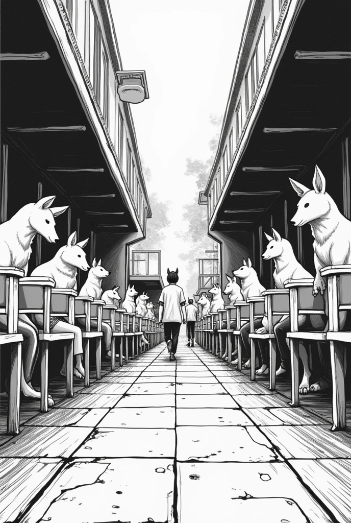 Poor school coexistence , anthropomorphic animals , Manga style , black and white 