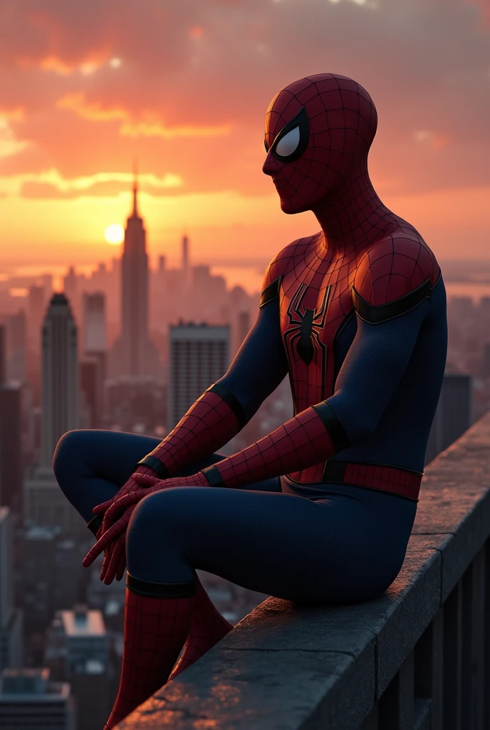 A quiet moment where Peter Parker, in his Spider-Man suit but with the mask off, sits on a rooftop looking thoughtful. The backdrop is the city at dusk, with warm tones in the sky, hinting at his longing for Mary Jane.