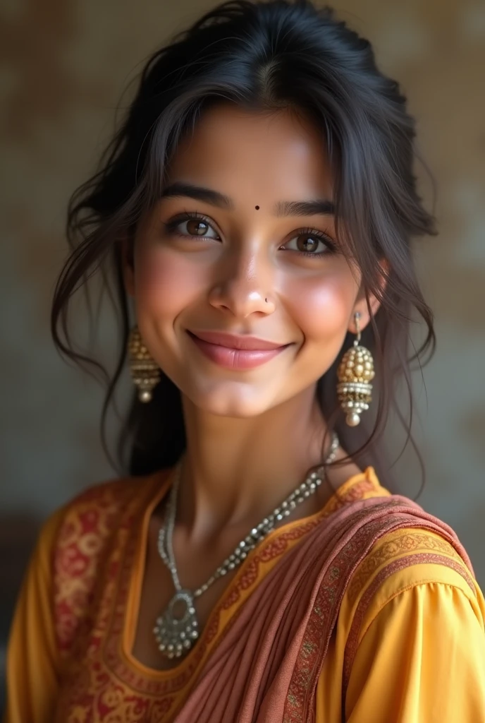 Realistic picture of an indian working woman, selfie, fair ,about 28years old, in churidaar clothing, height of the woman is about 5'2, round face