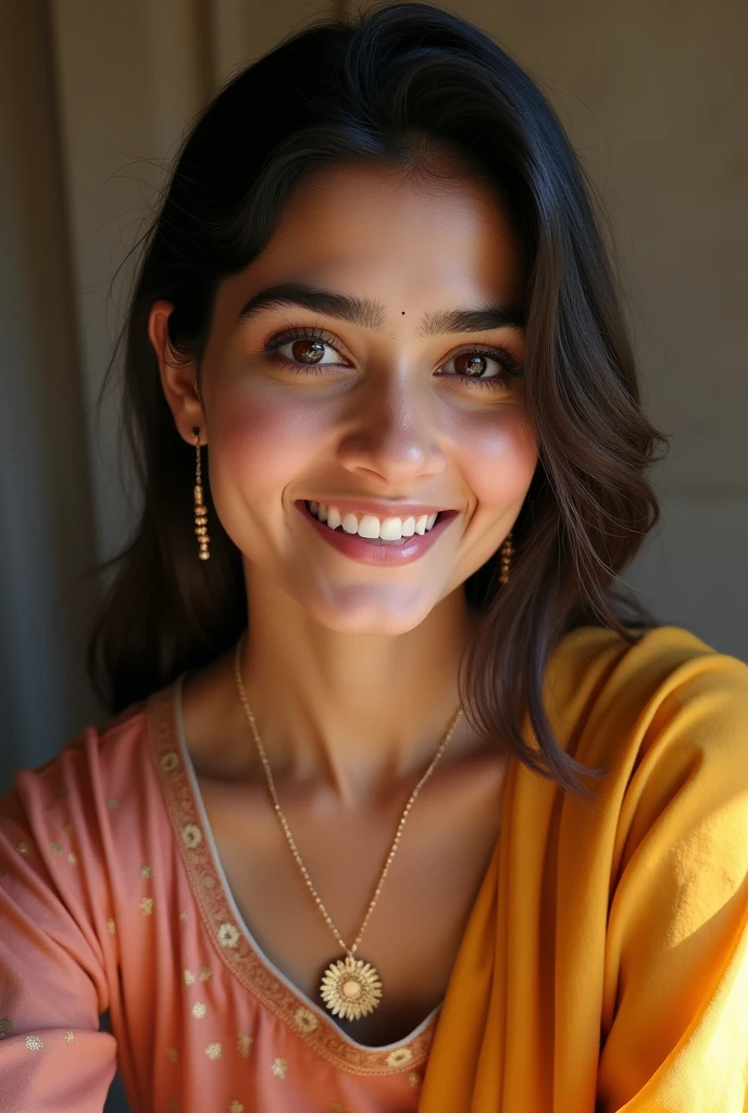 Realistic picture of an indian working woman, selfie, fair ,about 28years old, in churidaar clothing, height of the woman is about 5'2, round face