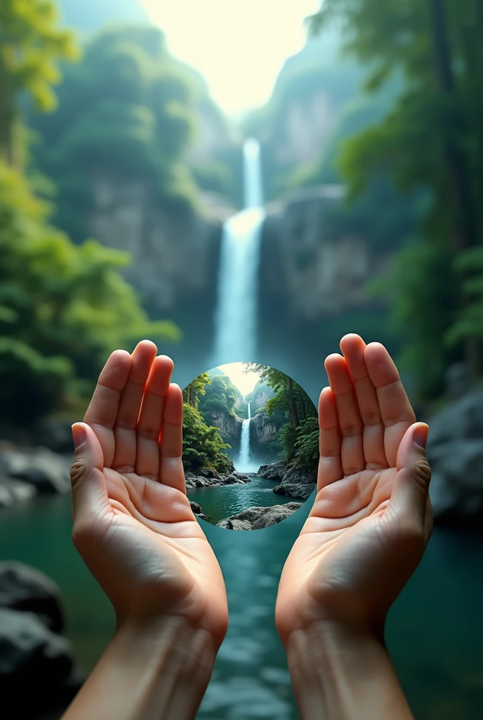 (Masterpiece, Best Quality, High Quality, Highres:1.4), Detailed, Extremely Detailed, Ambient Soft Lighting, 4K,Blurry, Blurry Background, Depth of Field, Bokeh, DOF, Fog, Bloom, Outdoors, (Nature, tropical forest:1.2), (Rocks:1.2), Two hand is holding landscape nature waterfall 