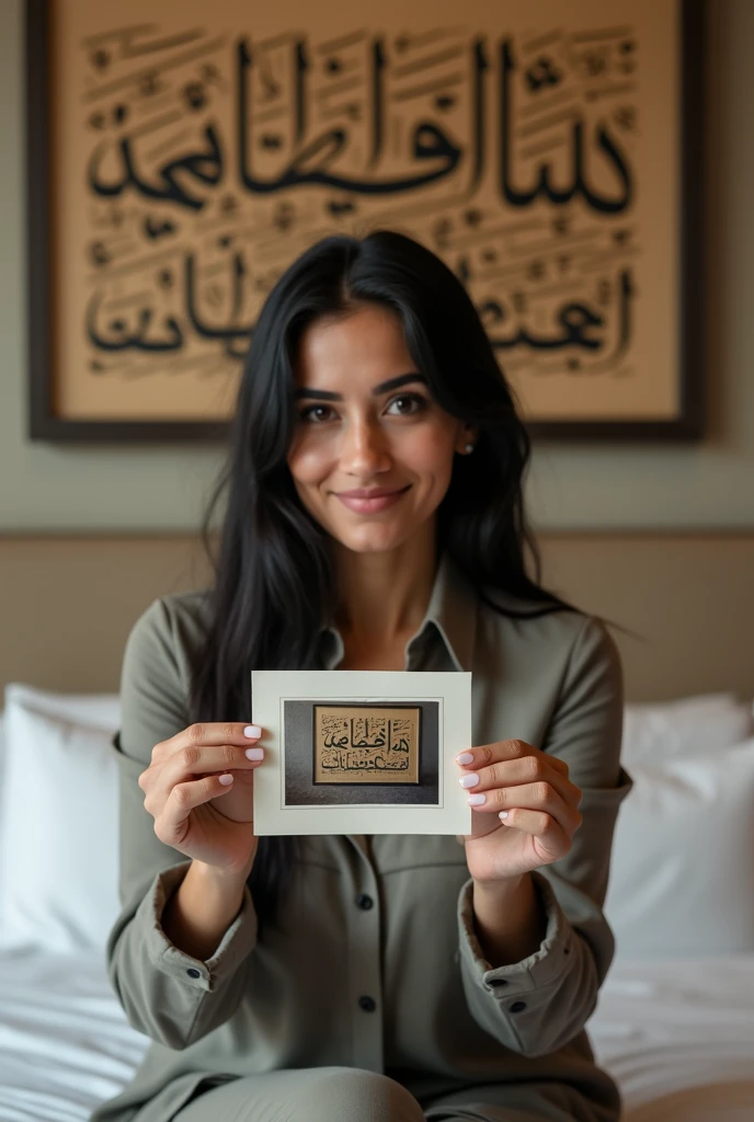 Une femme brune. Les cheveux raides, pas longs, de couleurs noirs. Un peu volumineuse de forme physique. Assise dans une grande chambre d'hôtel, sur un lit de l'hôtel, souriante, la tête droite, le regard droit fixé vers l'avant, portant dans ses mains une grande photo qu'elle montre bien vers l'avant de sorte que la photo qu'elle montre soit un peu décollée de sa poitrine et derrière elle, accroché sur le mur, un tableau avec des écritures en arabe bien lisible.