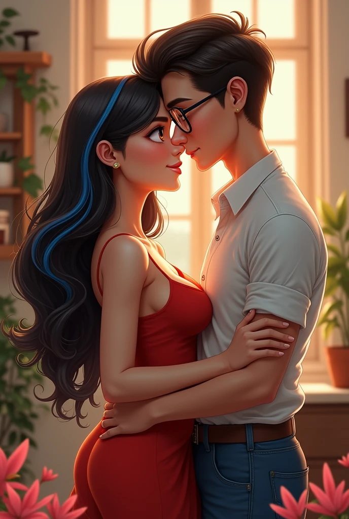 Couple of boyfriends she curvy body big cheeks, big butt, black hair with blue, big brown eyes, light skin with a nose piercing and light skin, he straight hair styled up and small rectangular glasses and wide nose