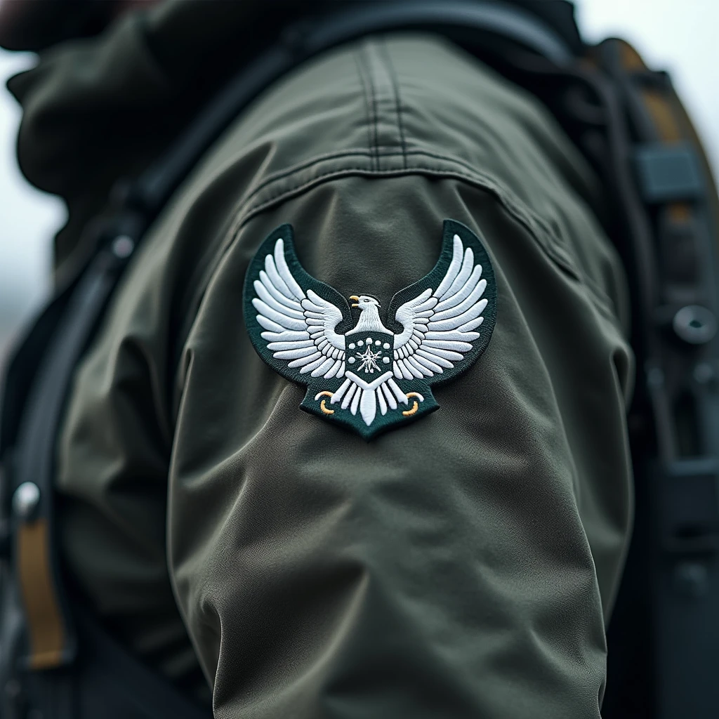 A striking airy close-up cropped view of a fighter pilot's flight suit, featuring a single round white embroidered patch placed high up on the upper part of the sleeve.