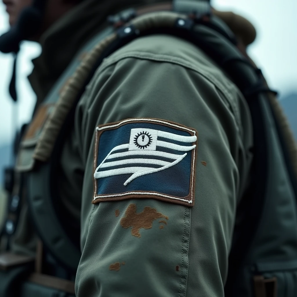 A striking airy close-up cropped view of a fighter pilot's flight suit, featuring a single round white embroidered patch placed high up on the upper part of the sleeve.