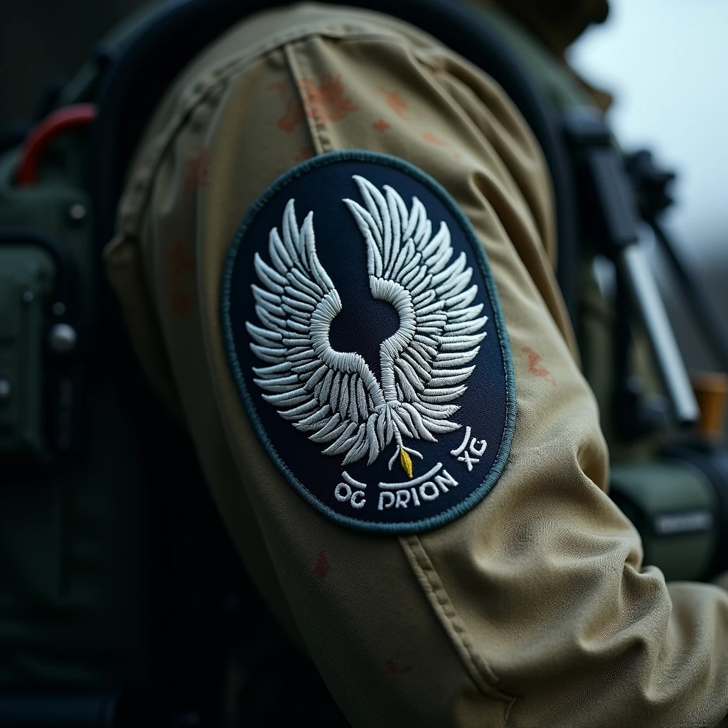 A striking airy close-up cropped view of a fighter pilot's flight suit, featuring a single round white embroidered patch placed high up on the upper part of the sleeve.