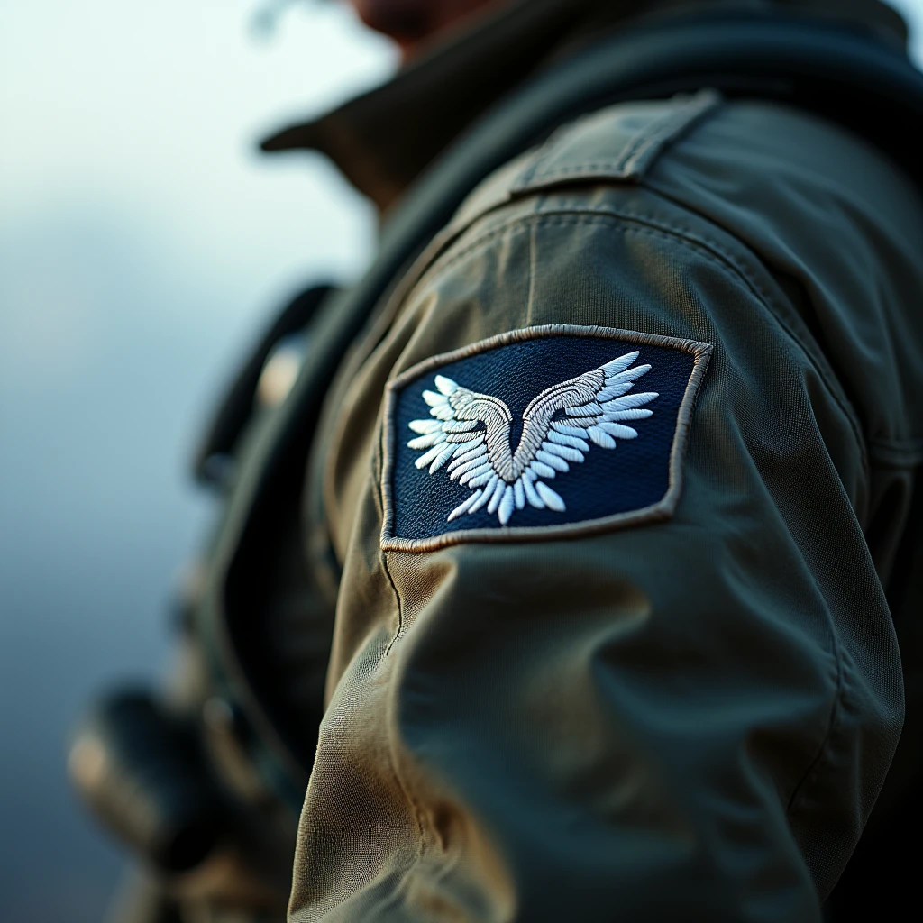 A striking airy close-up cropped view of a fighter pilot's flight suit, featuring a single round white embroidered patch placed high up on the upper part of the sleeve.