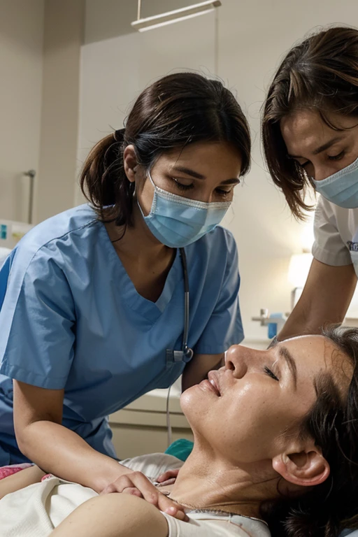 "A nurse in a hospital takes care of an elderly patient. The scene shows a nurse, helping the patient sit up in bed, in medical uniform, in a clean and bright hospital room. There is an expression of care and attention on their faces.. Equipment and medical devices are visible in the hospital."