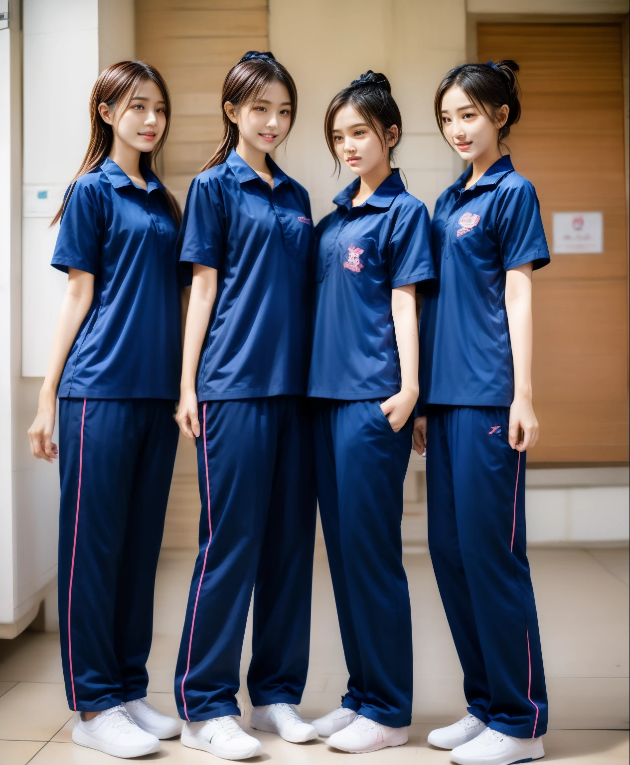 3 girls sleep on bed, Navy blue short-sleeved shirt,Navy Long Trackpant,Sweatpants, Sweatpantsขายาว,25 year old girl, lesbian, sexy, exercise clothes, wet body, exercise clothes