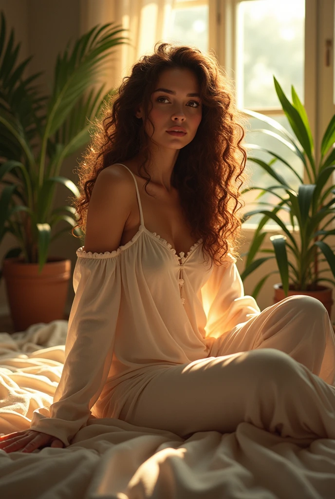 (photorealism:1.2), beautiful woman, sitting on bed, wearing loose off-shoulder top, pajama pants, long curly hair, indoors, soft lighting, plants in background, window with sunlight, cozy room, relaxed pose, realistic, intricate details, warm colors, by Greg Rutkowski, by Alphonse Mucha