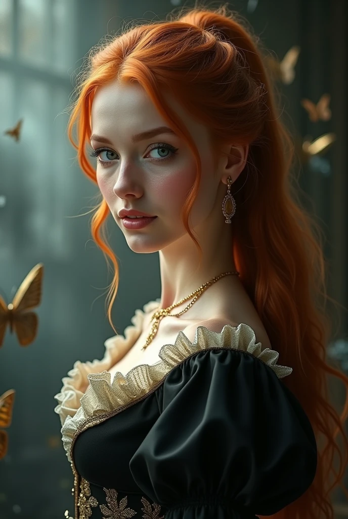 (solo, full body photo:1.3), (action packed:1.3), (haze, fog, mist:1.3), chiaroscuro, best quality, photorealistic, 1woman, (cute), (24yo:1.2), redhead, long ginger hair highly detailed, 1700'S, digital photography, art by artgerm and ruan jia and greg rutkowski surreal painting gold butterfly filigree, broken glass, (masterpiece, sidelighting, finely detailed Fashionable eyes: 1.2) (perfect oval large eyes that gazes at the viewer), beautiful detailed face, blue gorgeous perfect eyes, (blonde hair ponytail), (attractive young woman:1.3), (thick amazing hair), (seductive:1.1), (blushing:1.1)