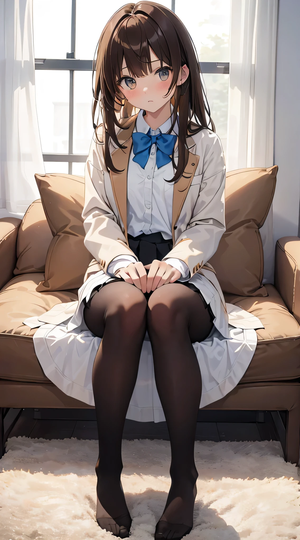 Top quality, masterpiece, high resolution, (from head to foot full body), front, frontやや下からの構図, symmetry, 18-year-old girl with a tall figure, Solitary, (from head to foot), (Small Breasts), Messy Brown Hair, Bangs, (Black pantyhose), (Black pantyhose), (Sit with your legs apart), (Crouching pose), (Composition showing white underwear), (她的Legs open、I see your white pants.), (I was asked to sit on the floor，Legs open..), (M-shaped legs), Thin legs, A very beautiful and tall 18-year-old girl, (No shoes allowed), blush, Shy big eyes, Looking at the camera, suit, Plaid pleated skirt