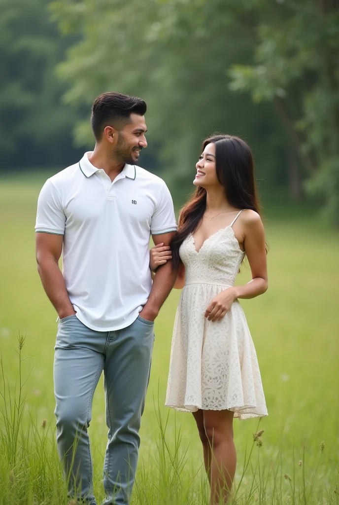Real Pinay pinoy couple with man handsome polo shirt white and women beautiful dress standing nature grass front of camera