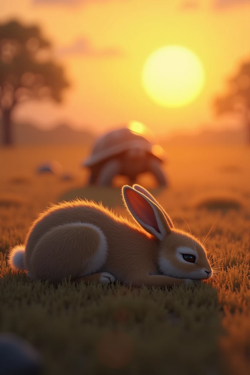 The hare is shown fast asleep, with the sun beginning to lower in the sky. Meanwhile, the tortoise is steadily making progress in the distance. The light shifts to a warm, golden tone, emphasizing the passing time.