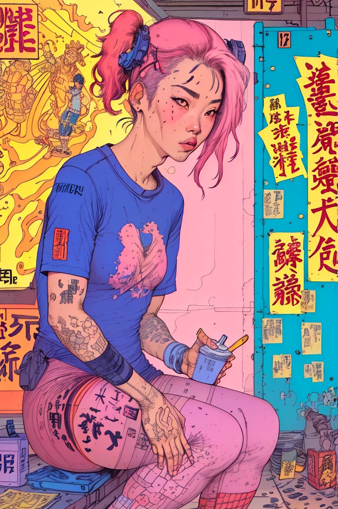 low angle wideshot fisheye illustration of a beautiful pink hair Japanese woman in a tshirt and leggings in a Kowloon street, art by Bernie Fuchs in the style of egon schiele, pencil lines, aquarelle, spraypaint, tiny little scribbles in colored pencil, felt tip pens, gustav klimt, crayon, greg rutkowski, graffiti posters