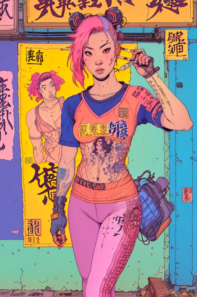 low angle wideshot fisheye illustration of a beautiful pink hair Japanese woman in a tshirt and leggings in a Kowloon street, art by Bernie Fuchs in the style of egon schiele, pencil lines, aquarelle, spraypaint, tiny little scribbles in colored pencil, felt tip pens, gustav klimt, crayon, greg rutkowski, graffiti posters