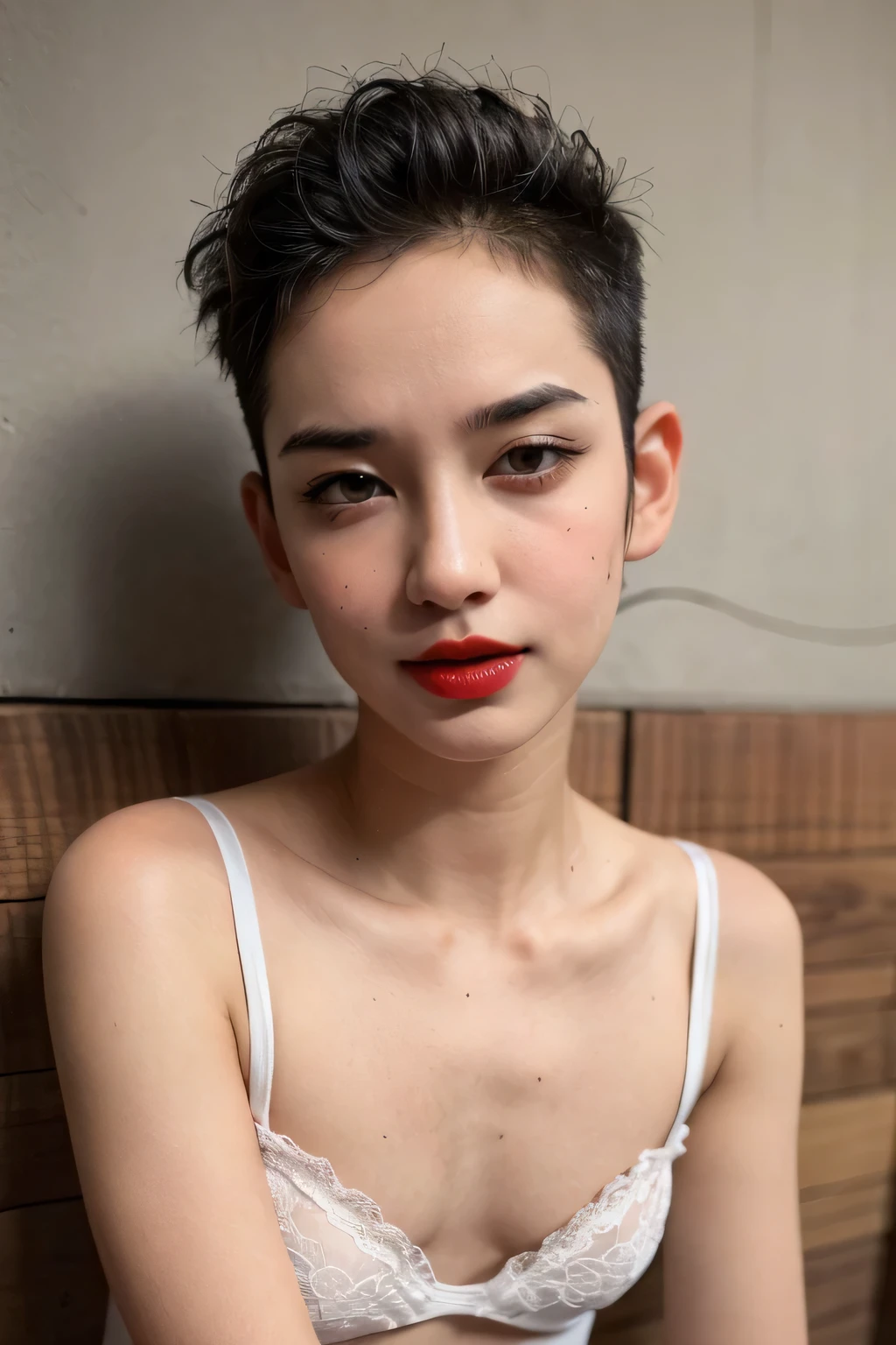 ((9x-UltraSharp)), ((SMALL HEAD)), ((NECK LACE)), Spread, ((SLEEPING LIE DOWN FEMBOY)), (((SAD FACE EXPRESSION:1.1)), ((NECK LACE)), ((GOTHIC EYELASHES & LIPS)), ((LIPS)), ((MEN'S STYLE SHORTHAIRCUT)), adorable, 1 girl, (face to face), , baby face, happy, half body portrait, (face details: 1), (eye details: 1), ((tiny breasts)). ((Lingerie)), ((net stockings)), lingerie ((red lips)), lie down (((LIGHT WHITE NAKED)))
