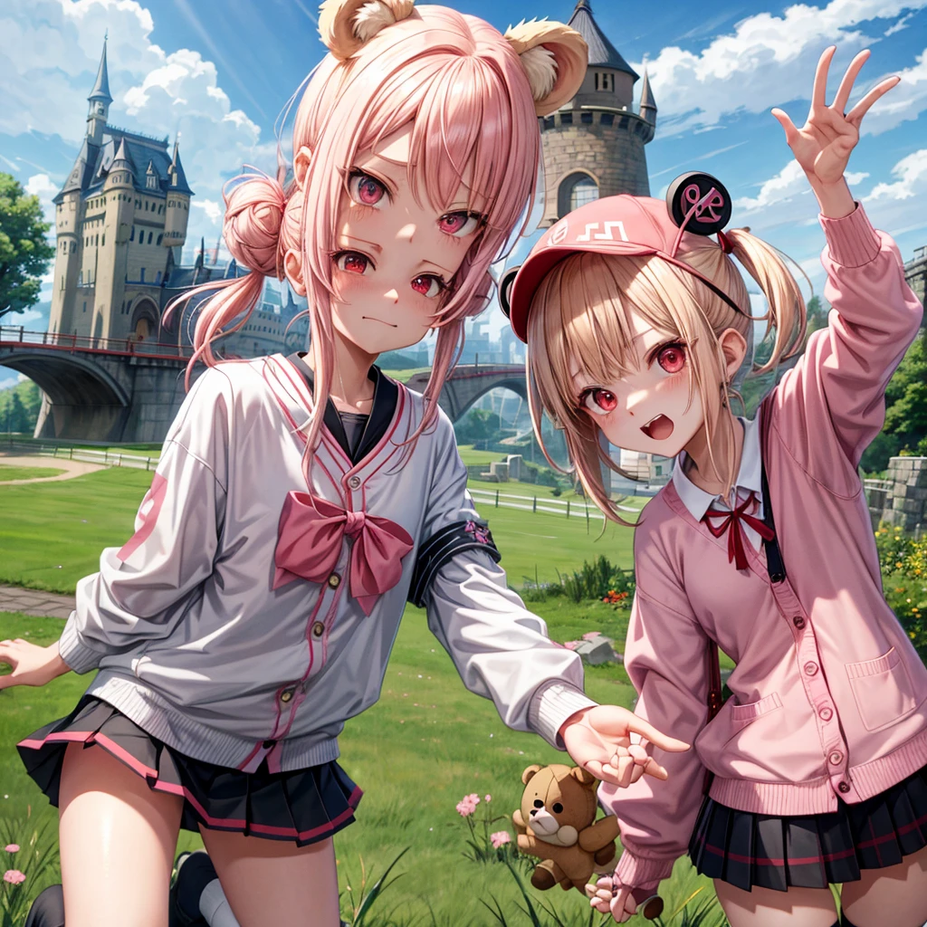 Pink Blonde、Red eyes、Hair tied up、Two cute、Checked mini skirt、black t-shirts、cardigan、Knee-high socks、bear ears baseball cap、Teeth are visible、Monster Castle、Tilting face、crossing the bridge、hazakura、windmill、grass、Stones are growing out of the ground.、impregnable