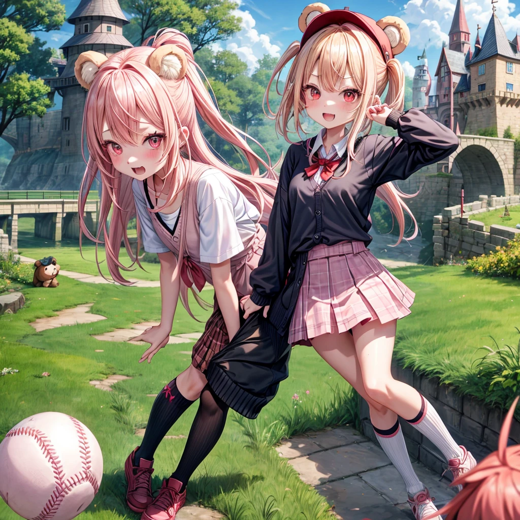 Pink Blonde、Red eyes、Hair tied up、Two cute、Checked mini skirt、black t-shirts、cardigan、Knee-high socks、bear ears baseball cap、Teeth are visible、Monster Castle、Tilting face、crossing the bridge、hazakura、windmill、grass、Stones are growing out of the ground.、impregnable