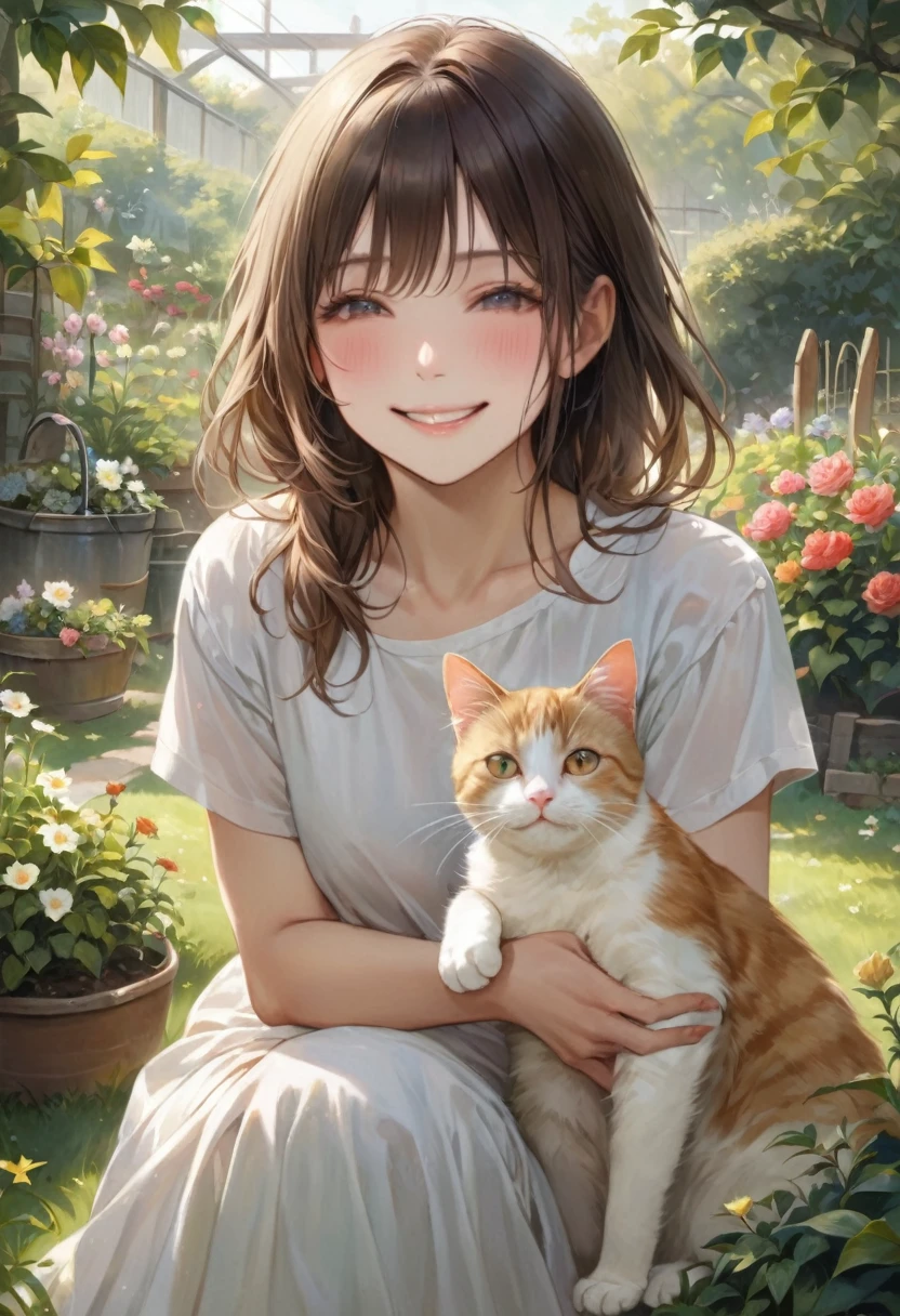 Highest quality,8k, masterpiece, (Realistic:1.2), (With one person, Cat:1.2), (smile:1.3), (garden), Catを抱いて笑っている