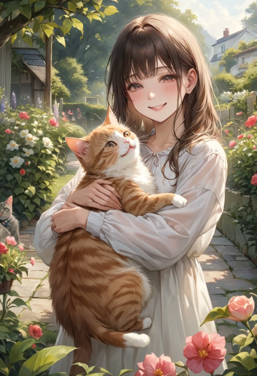 Highest quality,8k, masterpiece, (Realistic:1.2), (With one person, Cat:1.2), (smile:1.3), (garden), Catを抱いて笑っている