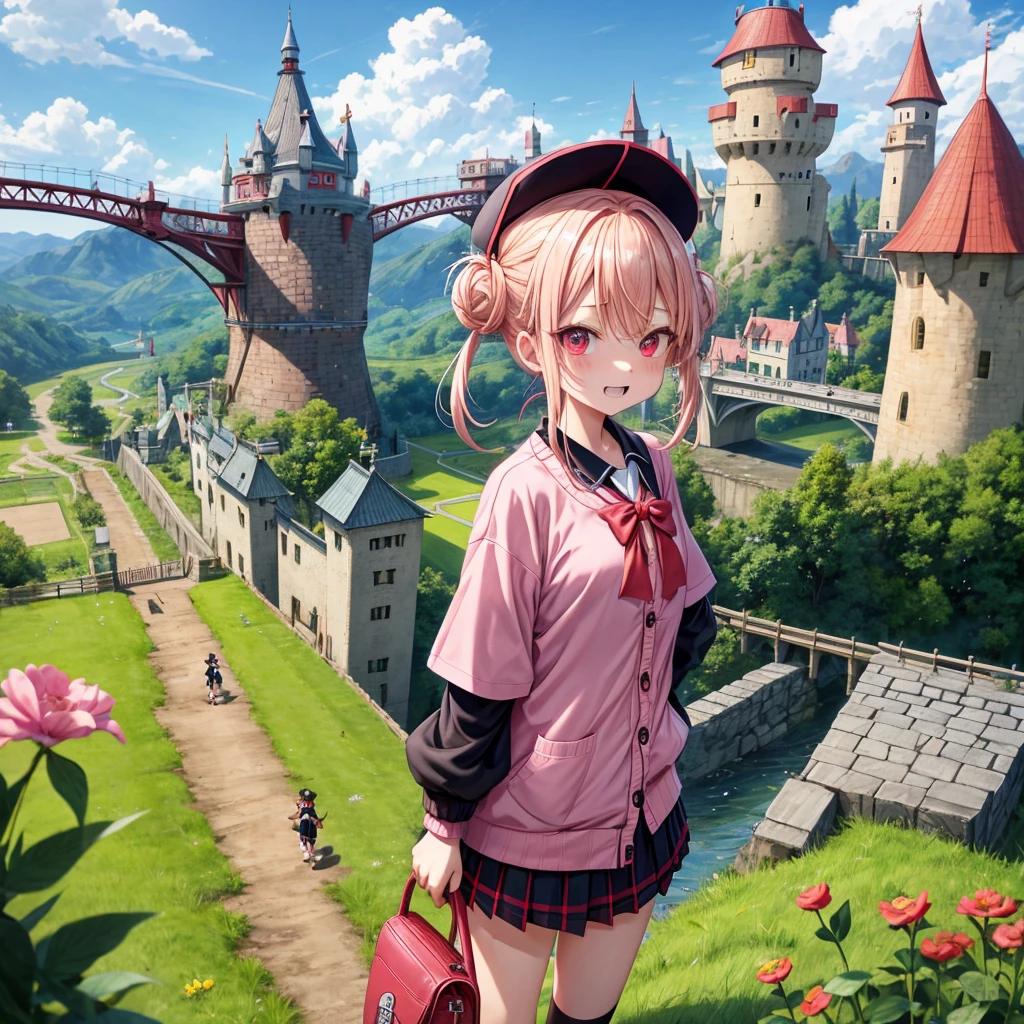 Pink Blonde、Red eyes、Hair tied up、Two cute、Checked mini skirt、black t-shirts、cardigan、Knee-high socks、bear ears baseball cap、Teeth are visible、Monster Castle、Tilting face、crossing the bridge、hazakura、windmill、grass、Stones are growing out of the ground.、impregnable