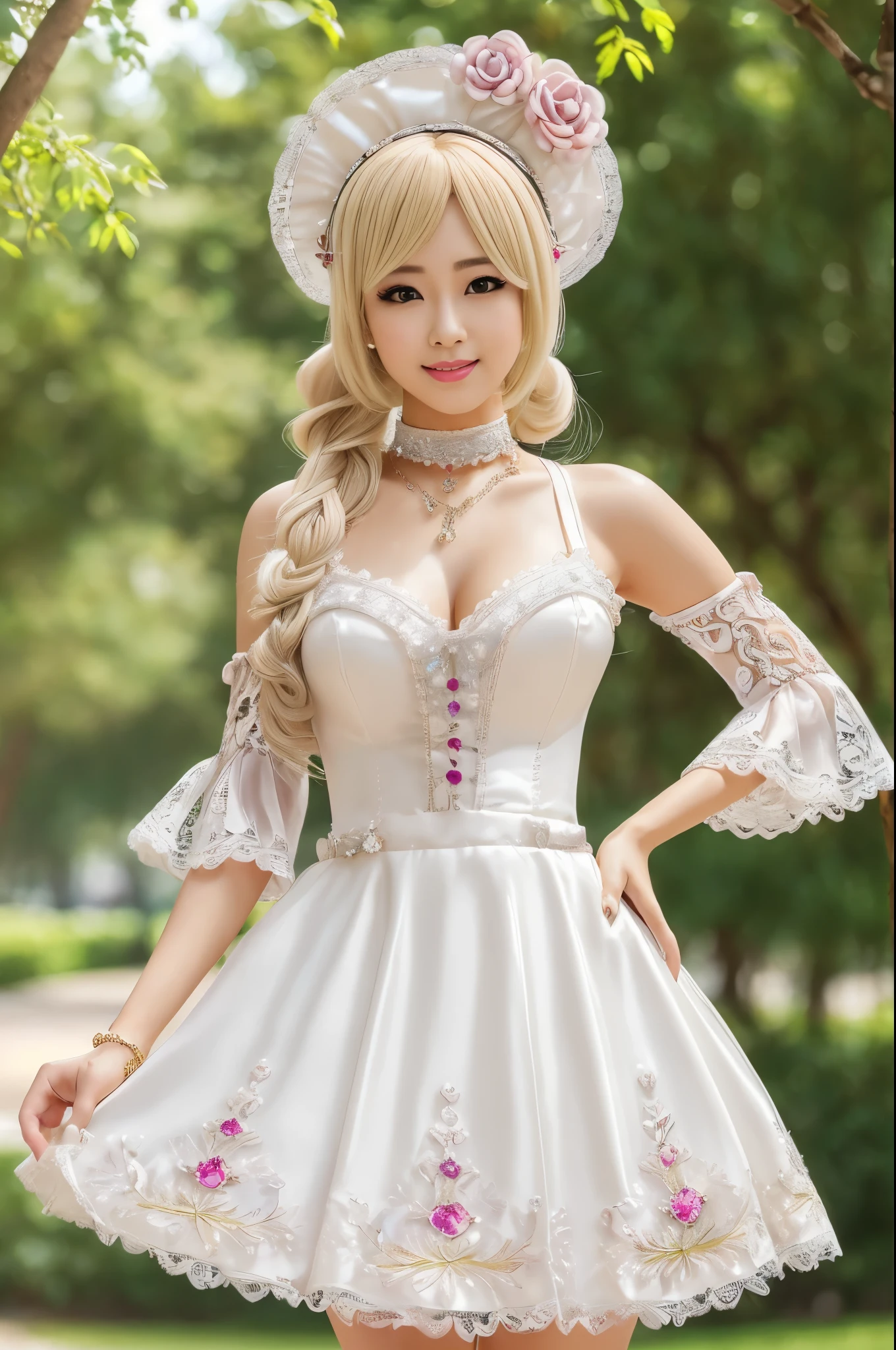 ((Best quality, 8k, Masterpiece, Sharp focus, 35mm lens, f/0.8, amazing beautiful perfect figure :1.4)), side lighting, sexy stylish Asian model, ((bright smile)), ((doll-like appearance)), ((beautiful detailed Victorian-Style boots)), Highly detailed face and skin texture:1.2, super detailed eyes:1.2, super detailed skin, shiny skin:1.2, Blushing ,long lashes:1.2, high-fidelity bangs, brilliant light blonde long random hairstyle, ((sexy Paradise Kiss cosplay)), bell-shaped skirt, petticoats, high neckline, puffed sleeves, (( ultra detailed lace)), ((ultra detailed embroidery)), intricate details, Paradise Kiss accessoires and matching headpiece, choker, ((large sparkling Paradise Kiss jewelry)), cinematic light, detailed large park background with trees